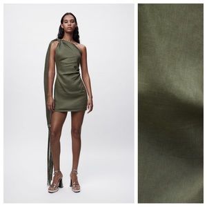 NWT. Zara Green 100% Linen Asymmetric Mini Dress. Size L.